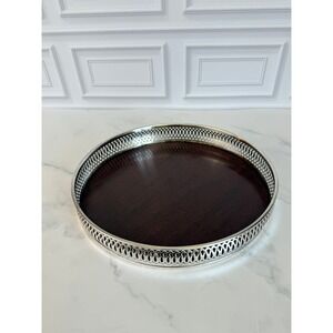VTG‎ Crescent Silverplate & Formica 10" Round Reticulated Edge Rosewood Tray